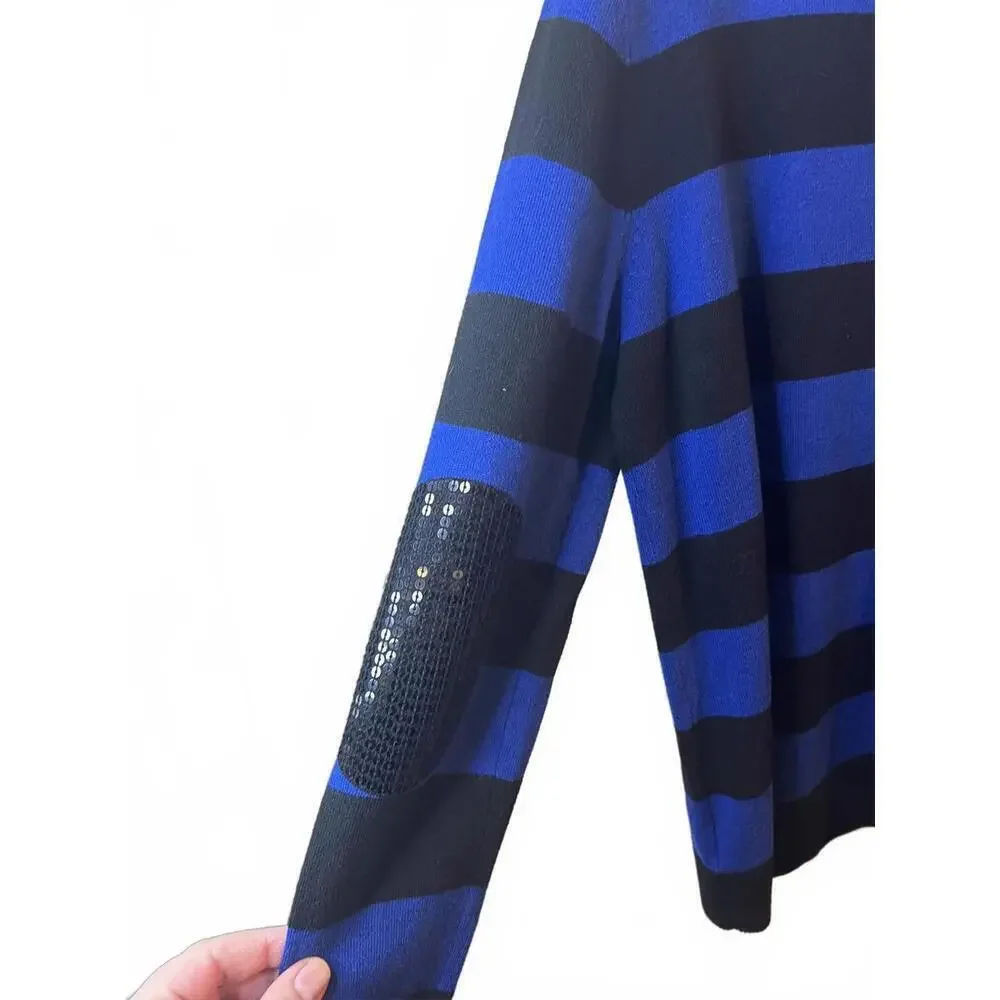 Michael Kors Women's Striped V-Neck Sweater Sequin Elbow Patches Size Small